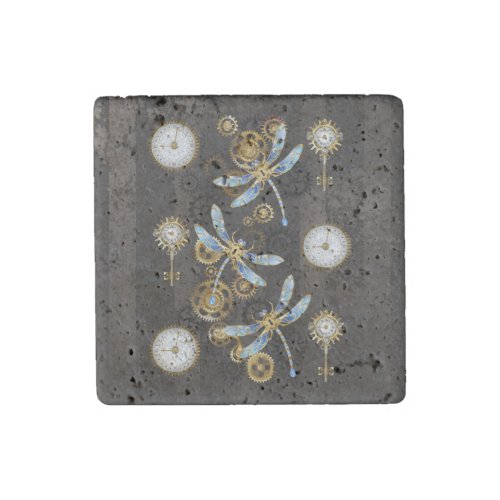 Steampunk Dragonflies on brown striped background Stone Magnet