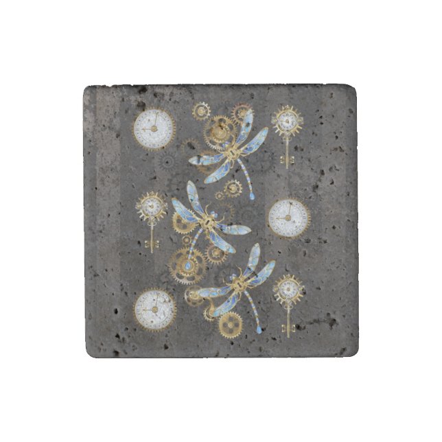 Steampunk Dragonflies on brown striped background Stone Magnet (Front)
