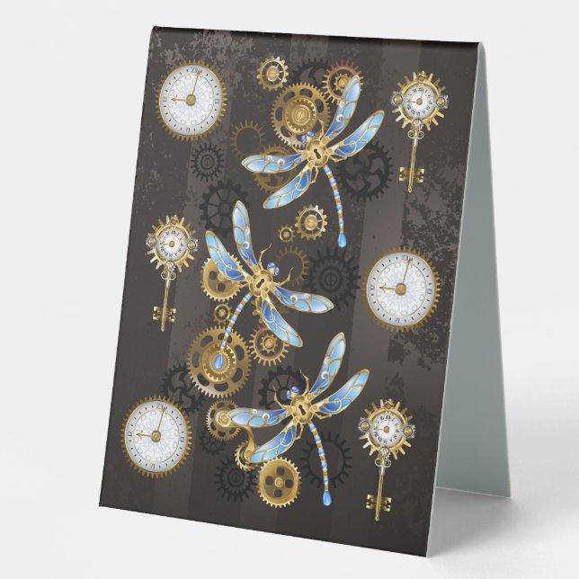 Steampunk Dragonflies on brown striped background Table Tent (Front)