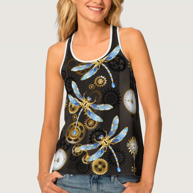 Steampunk Dragonflies on brown striped background Tank Top (Front)
