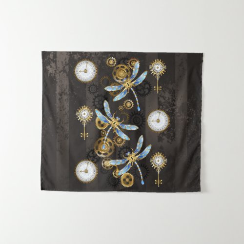 Steampunk Dragonflies on brown striped background Tapestry