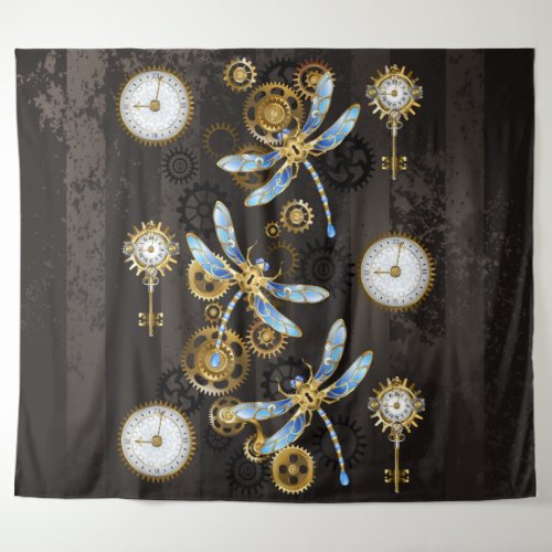 Steampunk Dragonflies on brown striped background Tapestry