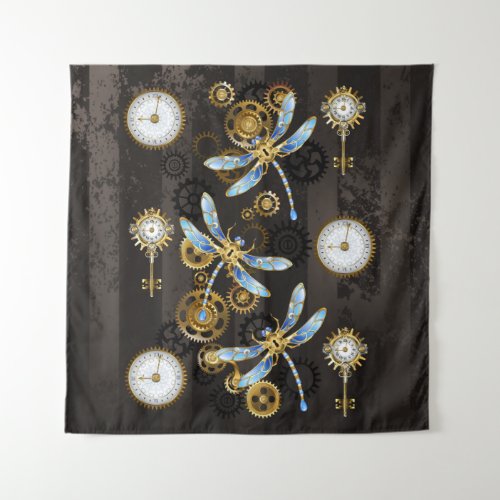 Steampunk Dragonflies on brown striped background Tapestry