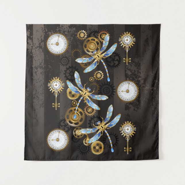 Steampunk Dragonflies on brown striped background Tapestry (Front)