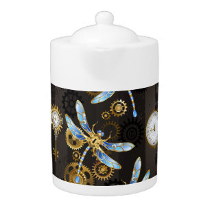 Steampunk Dragonflies on brown striped background Teapot