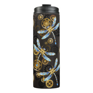 Steampunk Dragonflies on brown striped background Thermal Tumbler