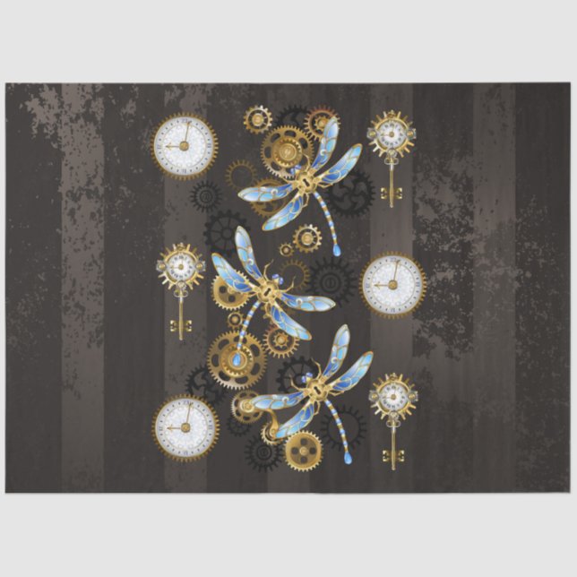 Steampunk Dragonflies on brown striped background Tissue Paper (Front)