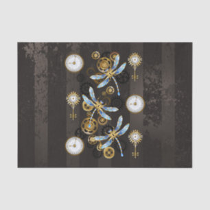 Steampunk Dragonflies on brown striped background Tissue Paper