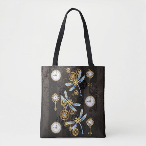 Steampunk Dragonflies on brown striped background Tote Bag