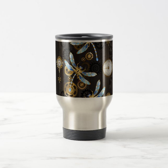 Steampunk Dragonflies on brown striped background Travel Mug (Center)