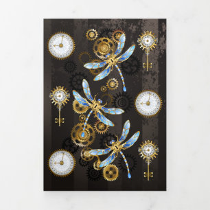 Steampunk Dragonflies on brown striped background Tri-Fold Announcement