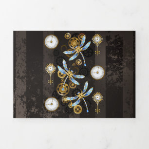 Steampunk Dragonflies on brown striped background Tri-Fold Card