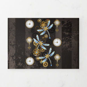 Steampunk Dragonflies on brown striped background Tri-Fold Holiday Card