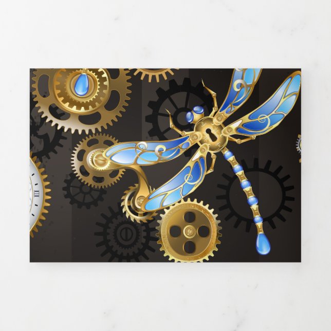 Steampunk Dragonflies on brown striped background Tri-Fold Invitation (Cover)