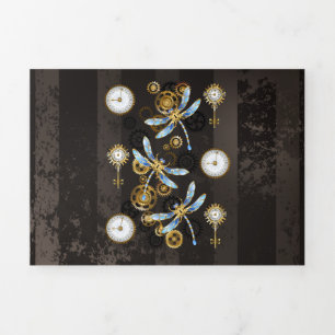 Steampunk Dragonflies on brown striped background Tri-Fold Program