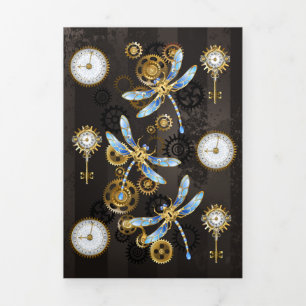 Steampunk Dragonflies on brown striped background Tri-Fold Program