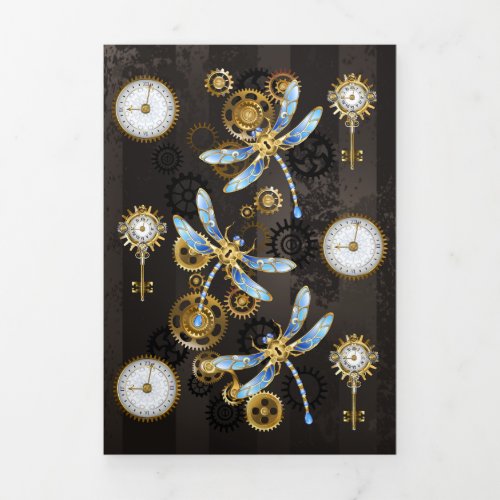 Steampunk Dragonflies on brown striped background Tri_Fold Program