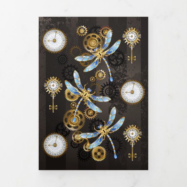 Steampunk Dragonflies on brown striped background Tri-Fold Program (Cover)