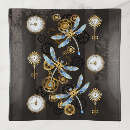 Steampunk Dragonflies on brown striped background Trinket Tray