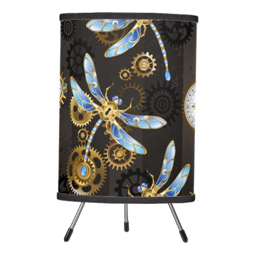Steampunk Dragonflies on brown striped background Tripod Lamp