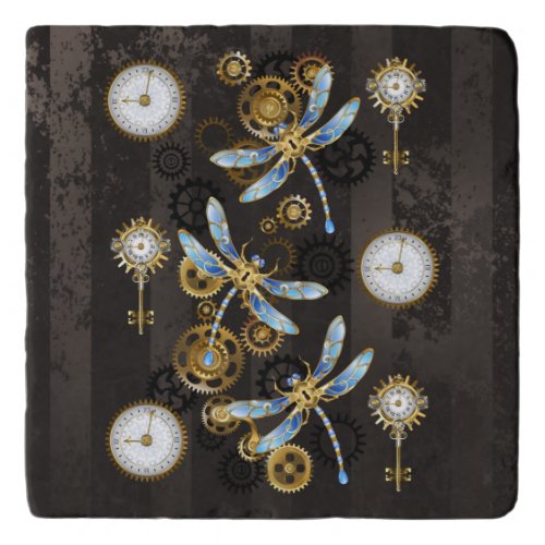 Steampunk Dragonflies on brown striped background Trivet