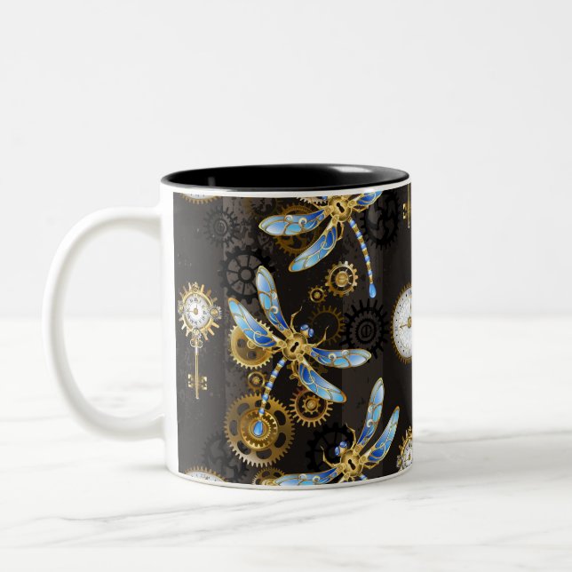 Steampunk Dragonflies on brown striped background Two-Tone Coffee Mug (Left)