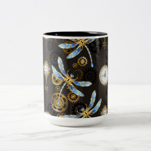 Steampunk Dragonflies on brown striped background Two-Tone Coffee Mug