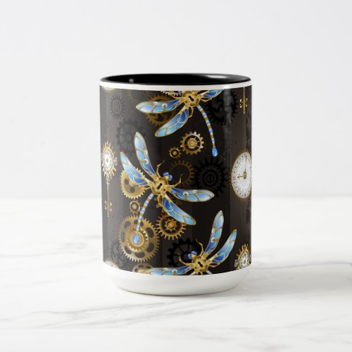 Steampunk Dragonflies on brown striped background Two_Tone Coffee Mug