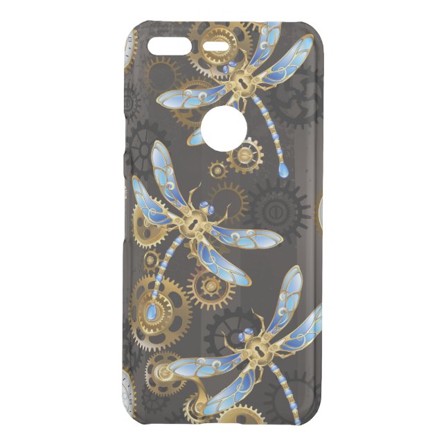 Steampunk Dragonflies on brown striped background Uncommon Google Pixel Case (Back)