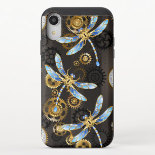 Steampunk Dragonflies on brown striped background iPhone XR Slider Case