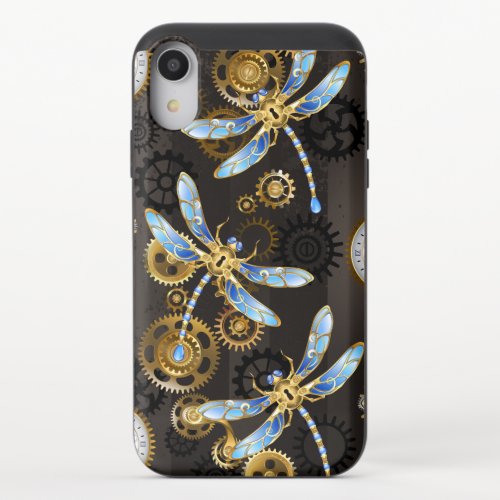 Steampunk Dragonflies on brown striped background iPhone XR Slider Case