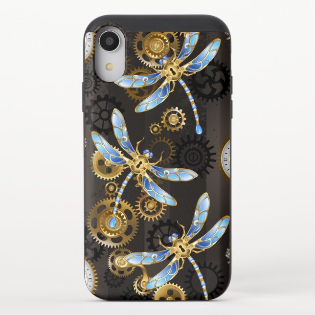 Steampunk Dragonflies on brown striped background Uncommon iPhone Case (Back)