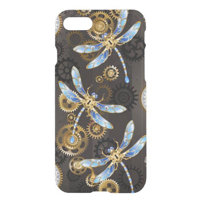 Steampunk Dragonflies on brown striped background Uncommon iPhone Case (Back)