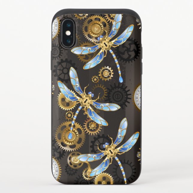 Steampunk Dragonflies on brown striped background Uncommon iPhone Case (Back)
