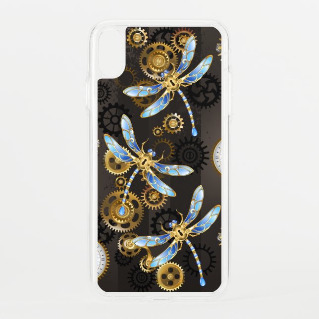 Steampunk Dragonflies on brown striped background Uncommon iPhone Case (Back)