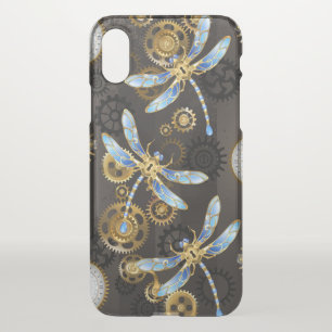 Steampunk Dragonflies on brown striped background iPhone X Case