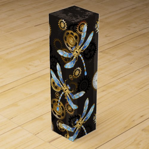 Steampunk Dragonflies on brown striped background Wine Box