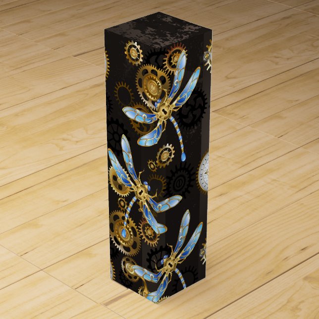 Steampunk Dragonflies on brown striped background Wine Box (Front)