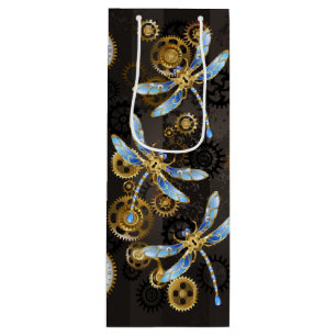 Steampunk Dragonflies on brown striped background Wine Gift Bag