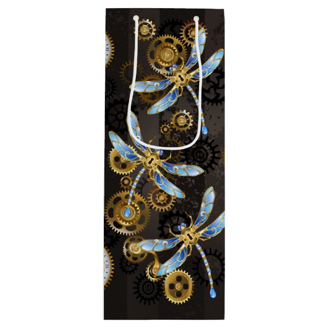 Steampunk Dragonflies on brown striped background Wine Gift Bag (Front)