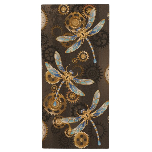 Steampunk Dragonflies on brown striped background Wood Flash Drive (Front Vertical)
