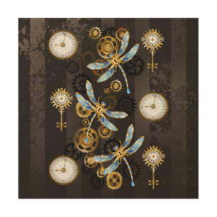 Steampunk Dragonflies on brown striped background Wood Wall Art