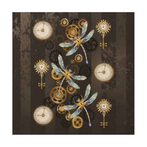 Steampunk Dragonflies on brown striped background Wood Wall Art