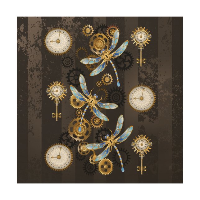 Steampunk Dragonflies on brown striped background Wood Wall Art (Front)