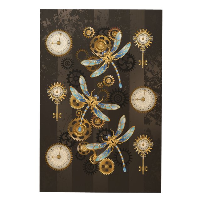 Steampunk Dragonflies on brown striped background Wood Wall Art (Front)
