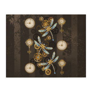 Steampunk Dragonflies on brown striped background Wood Wall Art
