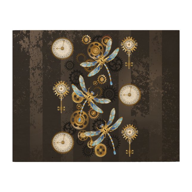 Steampunk Dragonflies on brown striped background Wood Wall Art (Front)