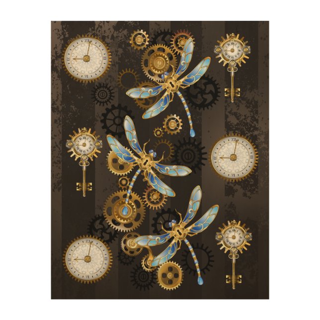 Steampunk Dragonflies on brown striped background Wood Wall Art (Front)