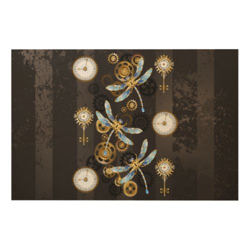 Steampunk Dragonflies on brown striped background Wood Wall Art