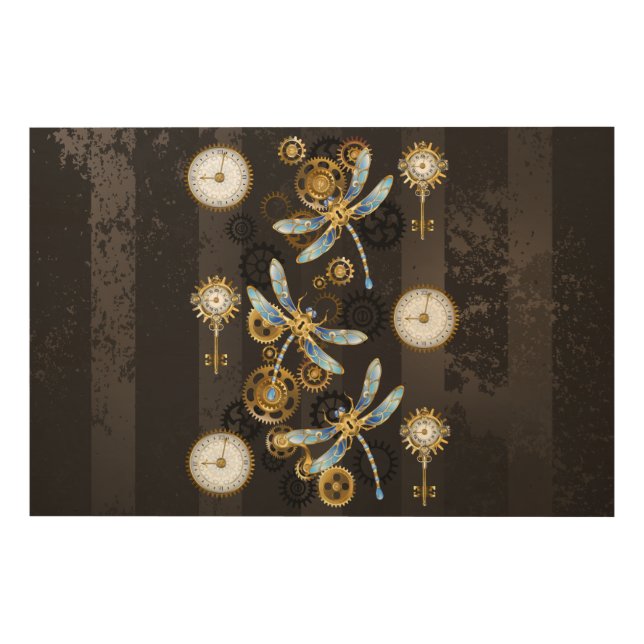 Steampunk Dragonflies on brown striped background Wood Wall Art (Front)
